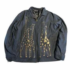 Vintage Giraffe Embroidered Black Zip Jacket